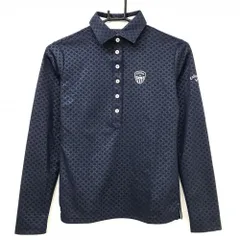 【美品】キャロウェイ 長袖ポロシャツ ネイビー×白 斜め格子風地模様 ロゴ刺しゅう レディース S ゴルフウェア Callaway