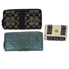 【中古】 3点セット コーチ COACH ラウンドファスナー 長財布 二つ折り シグネチャー オプアート ミニ キャンバス パテント レザー 03H868
