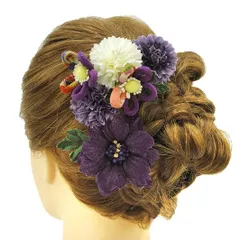 髪飾り 成人式 つまみ細工 振袖 前撮り 袴 花 3点セット 紫 ちりめん ヘアアクセ 新作 かんざし ヘッドドレス 卒業式 髪型 ヘ No.9-4665