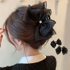 ヘアクリップ レディース 春夏秋秋冬 大きめリボン バンスクリップ 髪留め 合成樹脂 ポリエステル ラインストーン 透けリボン 大人女性 黒