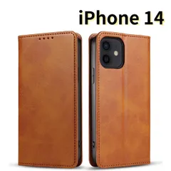 【SHOPS】 iPhone14 レザー風 スマホケース 手帳型 ライト ブラウン 茶色 耐衝撃 マグネット式 カードケース E016