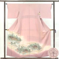 色留袖 身丈158cm 裄63cm 前幅23cm 後幅29cm 袖丈44cm 袖幅33cm レディース 袷 風景画 裄Mサイズ 秋冬春用 正絹（シルク）ピンク やや難 寿光織 リメイク リユース リサイクル【呉服のきくや】