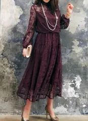 ルイルエブティック　3L  レース リボン ロング ワンピース　長袖　ワイン　ボルドー　大きいサイズ ドレス 結婚式  披露宴　パーティ　オケージョン