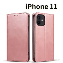 ［ショップス］ iPhone11 レザー風 スマホケース 手帳型 ピンク 耐衝撃 マグネット式 カードケース　E
