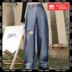 【送料無料】デニムワイドパンツ サイドダメージ 韓国風 レディース ハイウエスト ストレートパンツ ロングパンツ ゆったり ウォッシュジーンズ カットアウト デニム ボトムス 体型カバー 脚長 美脚 ジーパン ジーンズ 新品 未使用 CH1LONGY-001