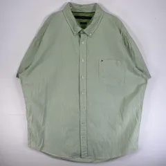 古着 トミーヒルフィガー TOMMY HILFIGER 半袖シャツ ロゴ 刺繍 ボタンダウン 胸ポケ 大きいサイズ XXL  グリーン系 ストライプ メンズ