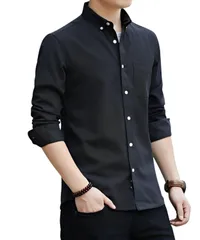 [Four leaf] 【シンプル×おしゃれ】 オックスフォードシャツ メンズ ボタンダウンシャツ 長袖 カジュアルシャツ シャツ 長袖シャツ ワイシャツ 無地 綿 コットン 60% 襟付き Yシャツ 春 秋 服 トップス(M, ブラック [ブラック] [M]