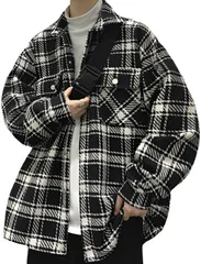 [アスペルシオ] チェック柄 ジャケット 襟付きネック ストリート オシャレ シャツ 総柄 アウター メンズ 白黒 サブカル系 バイカラー 長袖シャツ 派手 暖かい 胸ポケット付き 柄物 オーバーサイズ 長袖黒 チェック 模様 [チェック柄ブラック] [XL]