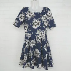 ◇ L'EST ROSE 花柄 フラワー きれいめ 五分袖 ミニ チュニック ワンピース サイズS ネイビー グレージュ レディース E  【1305160020813】