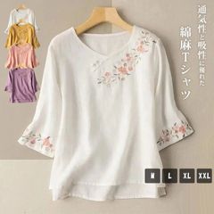 カットソー 綿麻 Ｔシャツ 半袖 レディース キレイめ 夏 花柄 刺? 通勤 チュニック おしゃれ シンプル Ｖネック プルオーバー トップス 体型カバー ゆったり 大きいサイズ カジュアル 大人 可愛い jiaheng20