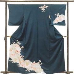 訪問着 身丈163cm 裄66cm 前幅23cm 後幅28.5cm 袖丈51cm 袖幅34.5cm レディース 袷 花柄 裄長 裄M-Lサイズ 秋冬春用 正絹（シルク）グリーン 未使用品 リメイク リユース リサイクル【呉服のきくや】