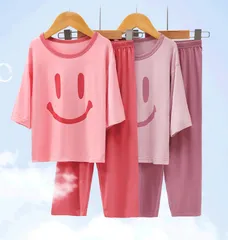 モーダル スマイル パジャマ キッズルームウェア 七分袖＆長ズボン  ラウンドネック 寝巻 上下セット 女の子 男の子 薄手 綿 春 夏 韓国風 セットアップ 子供 かわいい おしゃれ 子供服dibale01