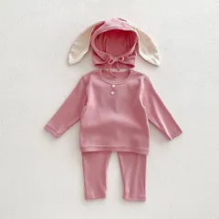 ☆ ピンク ☆ 100cm ☆ うさ耳帽子付き キッズルームウェア3点セット nagdrp3800 ロンパース パンツ セットアップ 帽子 ロンパースセット ベビー服 子供服 長袖 上下セット ベビー 赤ちゃん 女の子 男の子 うさ耳 うさみみ 子供 子ども