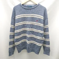 ◇ BEVERLY HILLS POLO CLUB クルーネック　ボーダー柄　刺<!-利用不可文字-!>ロゴ　ケーブル 長袖 ニット サイズM ブルー系 メンズ E  【1304050037665】