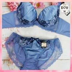 ★D70/M☆美胸ブラ＆ショーツセット 脇高 美シルエット 谷間メイク 脇サイドスッキリ マットサテン アンダーフラワー 青