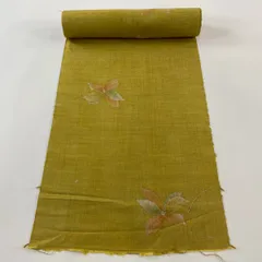 反物 秀品 小紋 紬地 花 縞 山吹茶色 正絹 【中古】
