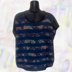 ノーブランド　ブラウス　ブラック　レディース　ボーダー　南国柄　花柄　生地薄目　透け感　フレンチスリーブ　ノースリーブ　ラウンドネック