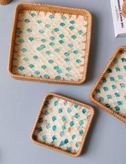 【新品3個セット】ベトナム工芸品　籐製品 アジアン雑貨  ラタントレイ　貝殻