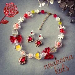 little princess＊ribbon - red mix キッズイヤリング + キッズネックレス セット ＊ キッズアクセサリー 女の子 子供 プレゼント リボン レッド キッズ 姫 赤 noakoma kids