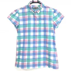 ★特価★【美品】スリクソンbyデサント 半袖ポロシャツ 白×ライトブルー チェック スナップボタン  レディース L ゴルフウェア SRIXON