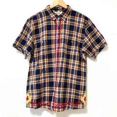 (^w^)b BEAMS ビームス コットン100% フルボタン 半袖 シャツ チェック柄 カジュアル 爽やか ネイティブ アジアンテイスト アメカジ トップス ネイビー×オレンジ メンズ 男性 サイズ L