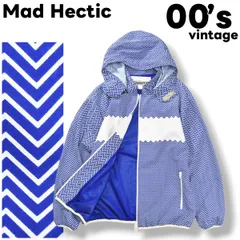 00s archive 日本製 マッドヘクティク Mad Hectic フーデット ウィンド ジャケット パーカー 裏地 メッシュ ジャンパー L へリンボーン柄 ブルー x ホワイト ストリート 裏原系 メンズのサムネイル