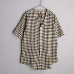 【リメイク】 70s USA vintage ノーカラー シャツ / ブラウン ベージュ チェック Vネック 半袖 ビンテージ T5-07070-9376