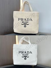 PRADA プラダ トートバッグ 草編み 刺繍ロゴ かごバッグ 手提げ 軽量 編みトートバッグ ショッピングバッグ 草編みバッグ 並行輸入品