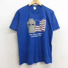 L/古着 半袖 ビンテージ Tシャツ メンズ 80s 星条旗 クルーネック 青 ブルー 24may11 中古