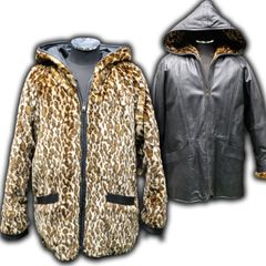 リバーシブルレザージャケット レザー/ヒョウ柄ファー ユニセックス フーデッド ハーフコート ブルゾン 80s/90s ビンテージ レトロ オールド エコファー
