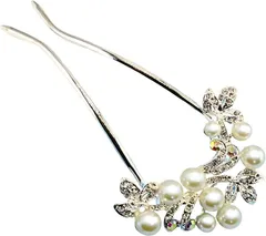 Miaomyao ミャオミャオ 簪 かんざし バチ型 髪飾り 和装 留袖 金属 パール ビジュー アンティーク フラワー リーフ 花 Ｕコーム シルバー ヘアアクセサリー(シルバー,  1個 (x 1))