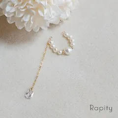 14kgf☆淡水パールのチェーン付きイヤーカフ（CZ スクエア型）