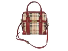 BURBERRY バーバリー ノバチェック 2WAY ハンドバッグ ベージュ レッド PVC レザー 3903157 ゴールド金具 美品 中古 4b005313