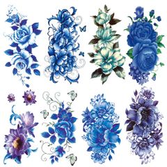 薔薇 青 ブルー 花 8枚セット 紫 タトゥーシール バラ ロース おしゃれ 防水 長持ち 入れ墨シール 腕 足 胸 女性 Yesallwas レディース タトゥーステッカー ボディーシール 刺青シール blue Rose tattoos sticker 9x
