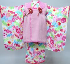 ☆未使用品☆白地イチゴケーキ.リボン柄3～4歳用着物 長襦袢付七五三