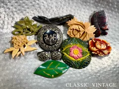 2st154 木製 ヴィンテージ ブローチ トップ イヤリング 10点セット 昭和レトロ 当時物 アイヌ 彫刻