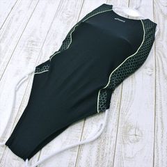 SE3-A54☆asicsアシックス競泳水着 2XL 大きいサイズぽっちゃりふくよか 黒緑 オープンバック ハニカム柄 クールかっこいい ぴたぴた レディース 練習用水着 フィットネスジムプール ワンピース■