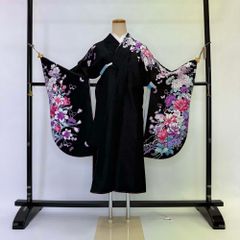 二尺袖 単品 卒業式着物 黒 森英恵 裄68cm Lサイズ  袴用着物 化繊 中古 4526