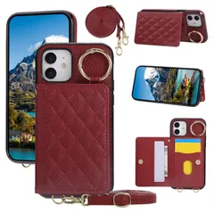 スマホケース iPhone11 首掛け 肩掛け 斜め掛け ケース アイフォン11 ケース 携帯カバー いphone11 背面カード収納 財布付き ショルダー スタンド機能 手帳型 マグネット式 11 チェック柄 iPhone リング付き Gedurya (レッ