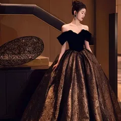 ドレス レディース ロングドレス 赫本風 黒 オフショルダー 高級感 エレガント 晚礼服 パーティー 二次会 成人式 発表会 ステージ衣装 年会