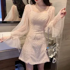 パーティードレス ミニ丈 ツイード ワンピース シースルー 長袖