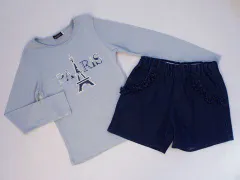 ベベ bebe アウトレット 子供服 女の子 140cm 長袖 Tシャツ ロンT サックスブルー ショート パンツ デニム風 2点 セット 春 夏 秋 ★3 ズボン ボトムス ガールズ 女児 キッズ ジュニア 【中古】 リサイクル 古着