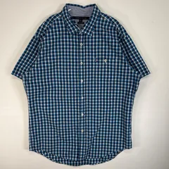 古着 トミーヒルフィガー TOMMY HILFIGER 半袖シャツ ロゴ 刺繍 胸ポケ 大きいサイズ XL  ネイビー系 チェック メンズ