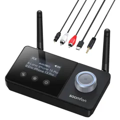 新品 Bluetooth 5.3 トランスミッター レシーバー SBC AAC対応 - SOOMFON 3-in-1 ブルートゥース 送信機 受信機 BYPASS 一台三役 Aux 3.5mm RCA 光 デジタル接続 画面表示 2台同時接続 通信距離30M