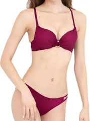 Chica Hurra レディース ブラジャー ショーツ 上下セット ブラショーツセット 女性下着 リング 谷間見せ おしゃれ 伸縮性素材 可愛い 脇高 かゆくない しめつけない ひびかない下着 透けないインナー(ワインレッド,  B70)