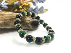 グリーンタイガーアイ&オニキス パワーストーン ブレスレット 10mm （ゴールド）メンズ・レディース　男性・女性　数珠ブレス　開運 [17]