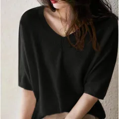 ☆ ブラック ☆ Lサイズ ☆ サマーニット 半袖 Tシャツ サマーニット 半袖 レディース ハイゲージニット サマーセーター Tシャツ カットソー ニット トップス おしゃれ オシャレ Vネック リブ編み 涼しい 柔らかい シンプル 無地 上品 きれいめ