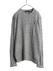 【お得なクーポン配布中!】 90s 高級 100% シルク ポロ ラルフローレン ケーブル ニット セーター メンズ L 灰 古着 オールド ワンポイント クルーネック グレー 薄手