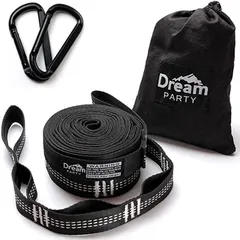 DREAMPARTY ハンギングチェーン ハンモック ベルト 2本セット 長さ370cm ノード20個+1ループ 耐荷重量680kg カラビナ 専用収納バッグ付き フック付き( ブラック＆ホワイト　フック付き)