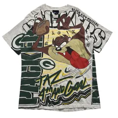 90s Looney Tunes Taz All Over Print Vintage T-shirt L ルーニーテューンズ ビンテージTシャツ 白系 シングルステッチ